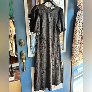 Sea New York Black Cotton Eyelet Shell Trim Midi Dress